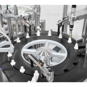 Rotary filling and closing machines for eye drops and nasal sprays