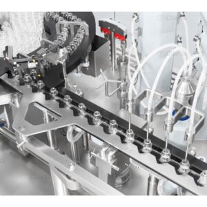 Linear machines for automatic feeding, filling and closing of vials