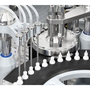 Rotary filling and closing for eye drops and nasal sprays